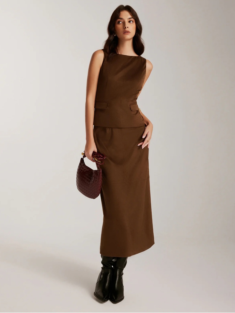Commense Brown Sleeveless Midi Dress
